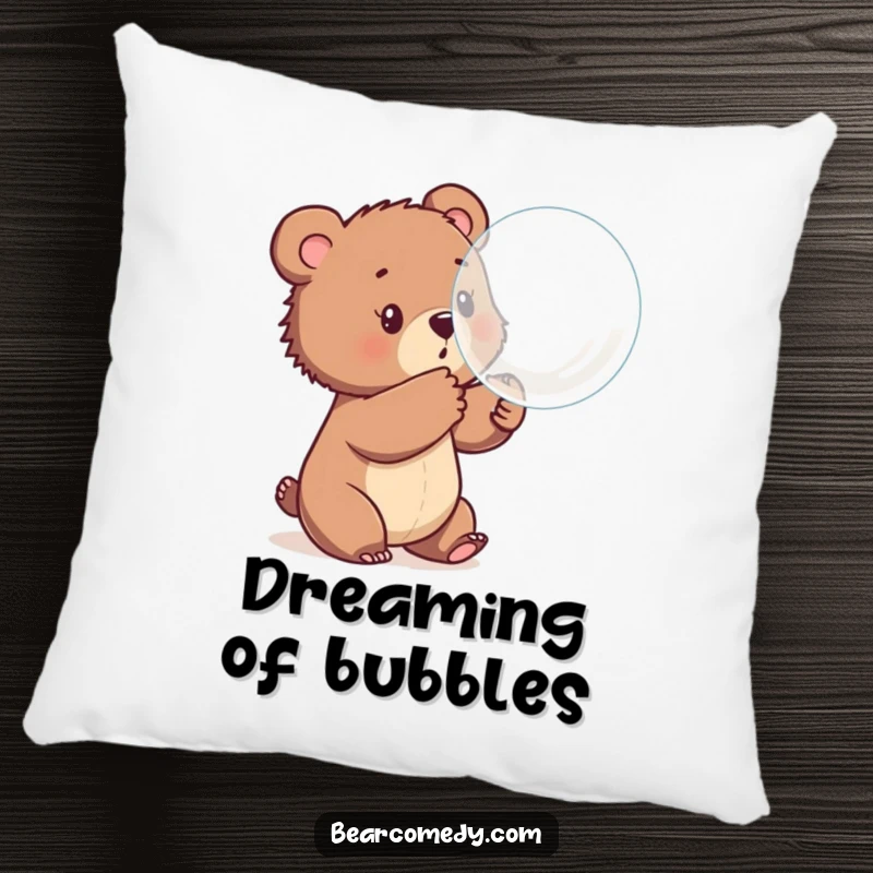 Funny pillow with a bear cub batting at a large, floating bubble, offering soft comfort and a delightful dose of playful energy.