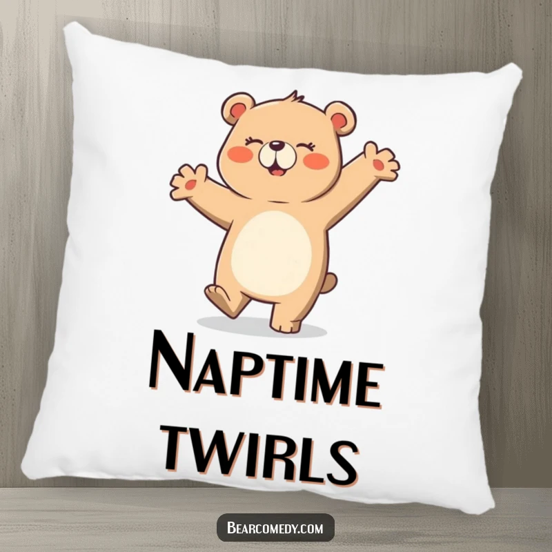 Funny pillow featuring a bear character in a comically clumsy and joyous dance, adding a touch of lightheartedness to any room.