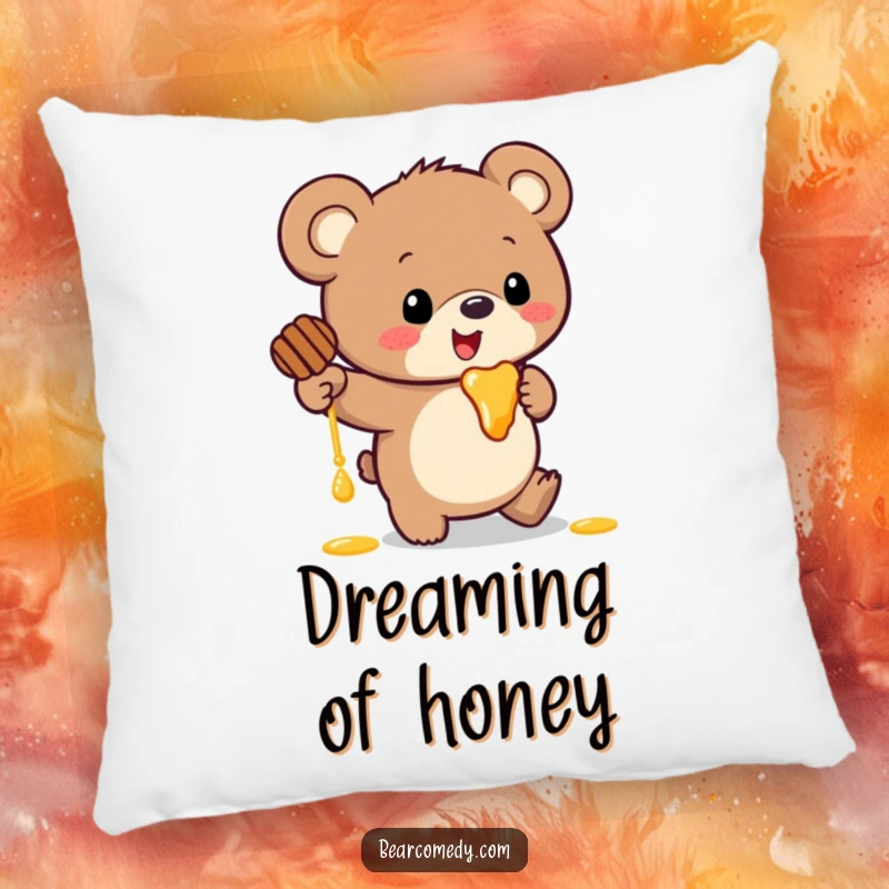 Funny pillow featuring a bear with huge ears hilariously tripping and spilling honey, perfect for a cozy laugh.