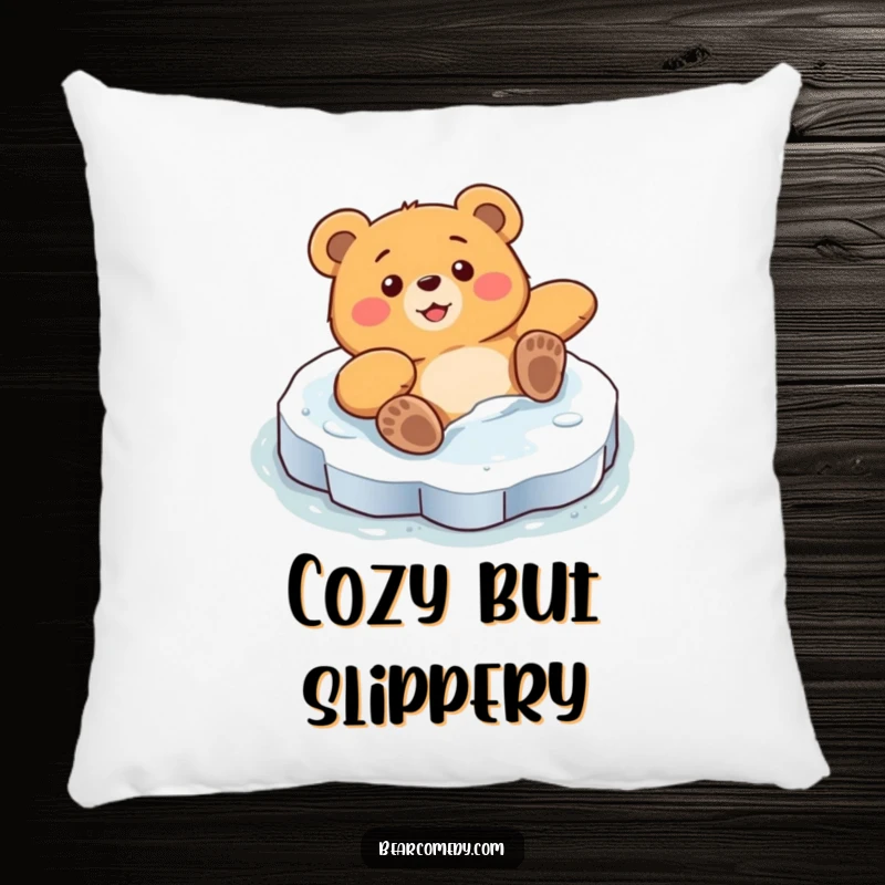 Funny pillow showcasing a bear character comically sliding on a slick ice patch with surprised delight, embodying pure, funny chaos.