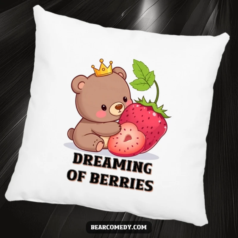 Funny pillow featuring a bear wearing a small crown playfully nudging a giant, ripe berry.