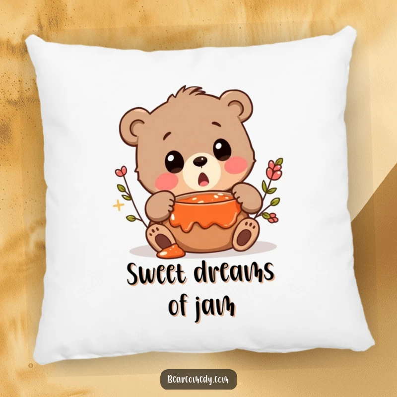 Funny pillow featuring a bear character with a surprised squeak, discovering a hidden pot of jam.