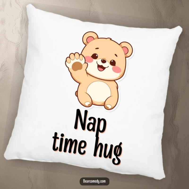Funny pillow showcasing a lovable bear character with a cheerful grin, extending its giant paw for a friendly wave.