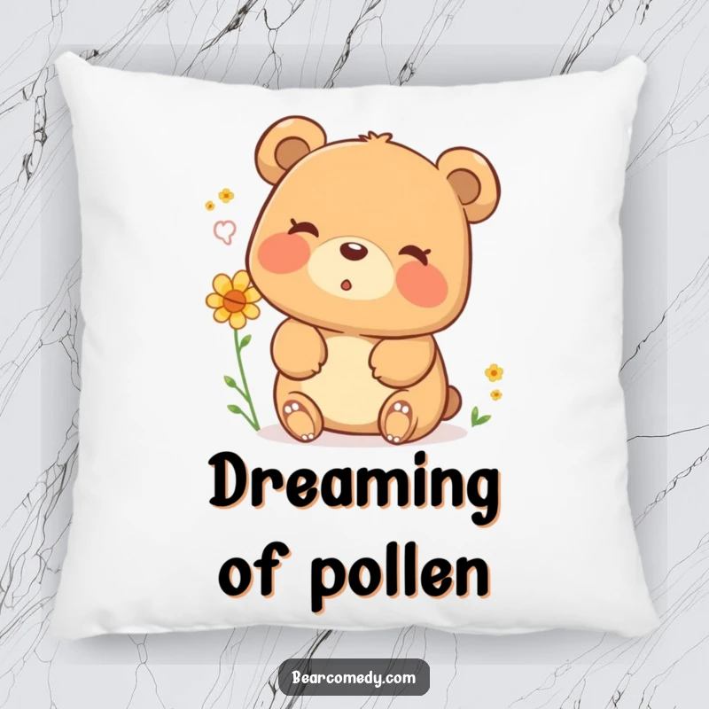 Funny pillow featuring a happy bear character happily sighing a puff of pollen, offering soft, humorous comfort and cheerful decor.