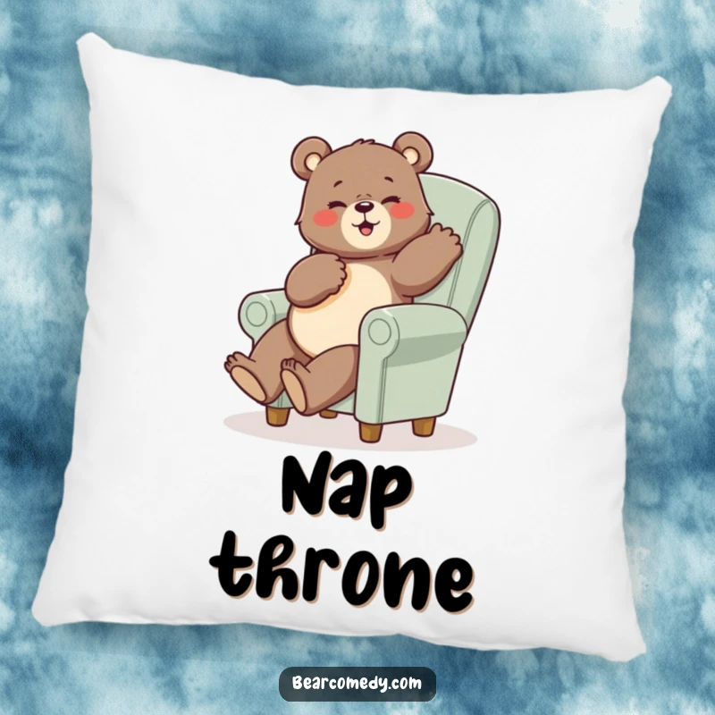 Funny bear pillow featuring a bear in a funny pose sitting on a tiny, oversized chair, soft and hilariously amusing.