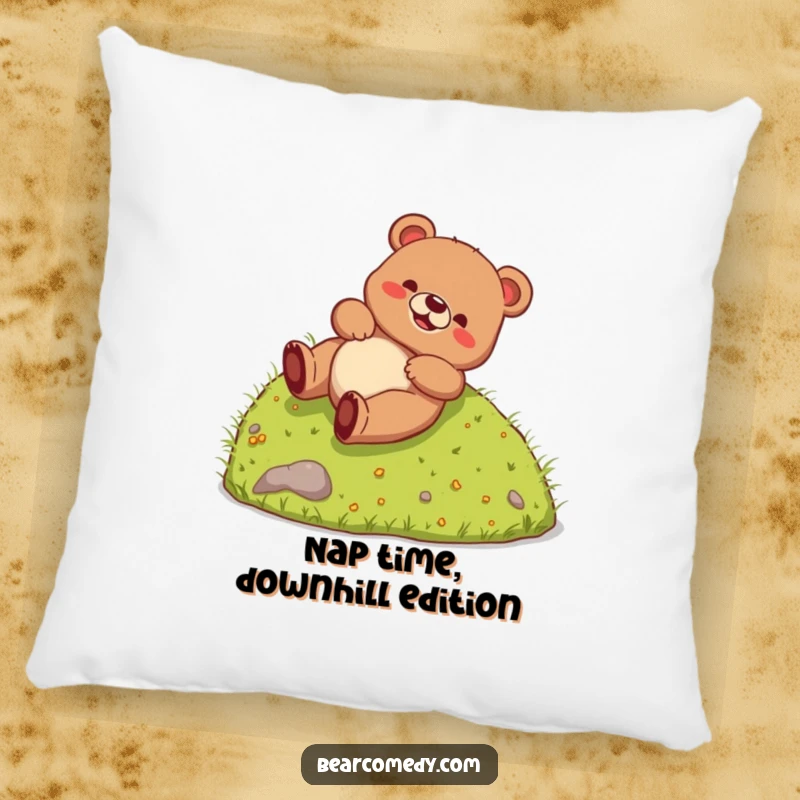 Funny Pillow illustrating a bear creature happily rolling down a hill, offering whimsical comfort and a humorous touch to any seating area.