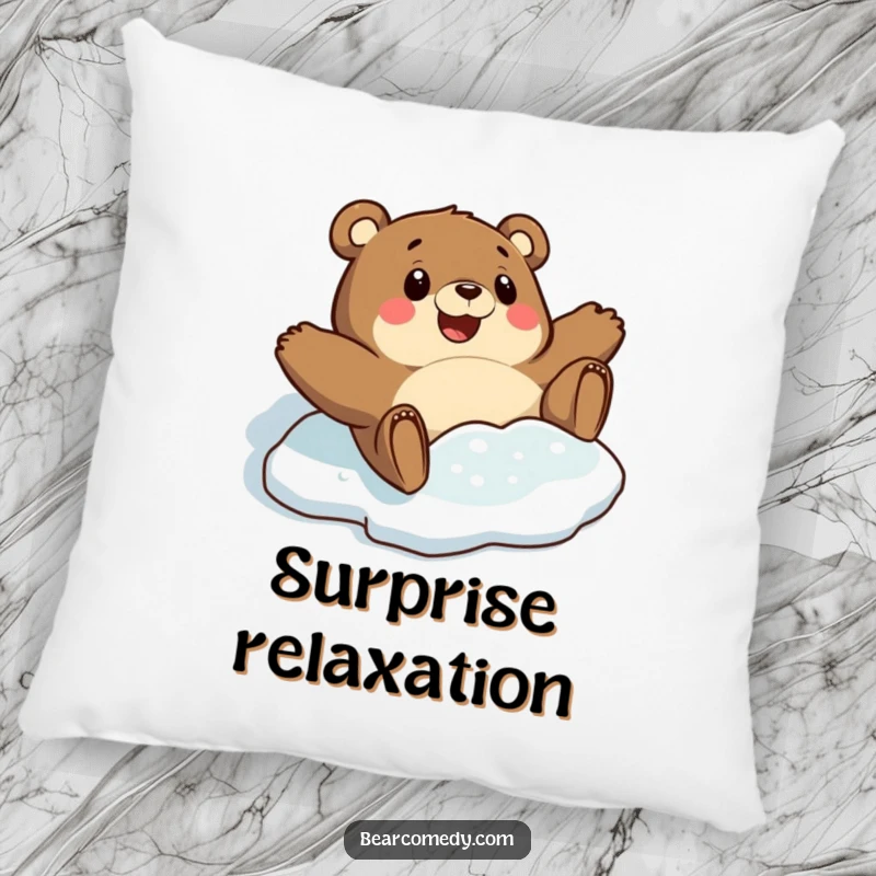 Funny pillow showing a bear character comically sliding on ice with surprised delight, perfect for adding a touch of wintery humor.