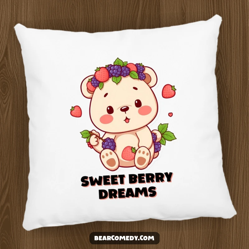 Funny pillow featuring a bear character crowned with berries, enjoying its sweet harvest, offering soft, humorous comfort and natural vibes.