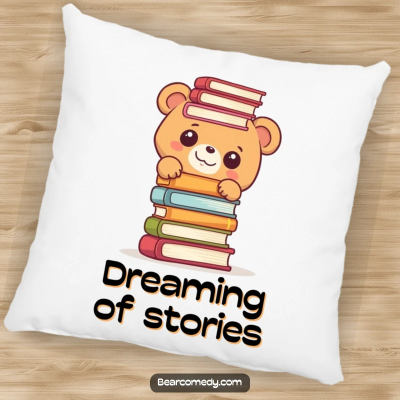 Funny pillow illustration of a bear character peeking with delight from behind a tall stack of books, inviting comfort.