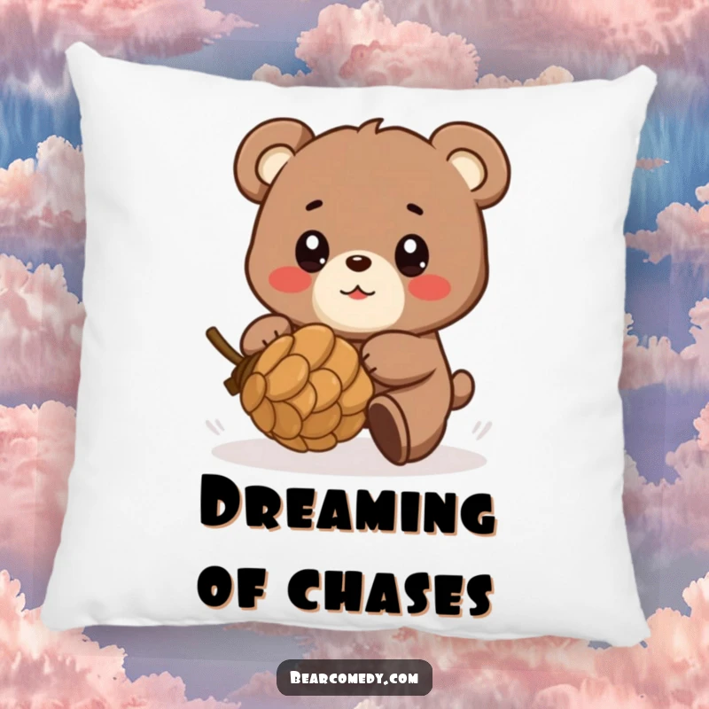 Funny pillow featuring a bear character playfully chasing a rolling pinecone, eyes shining with glee, offering soft, humorous comfort.