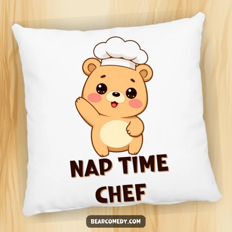 Funny pillow with a cute bear character in a chef hat, humorously striking a baking pose, perfect for a cozy kitchen.