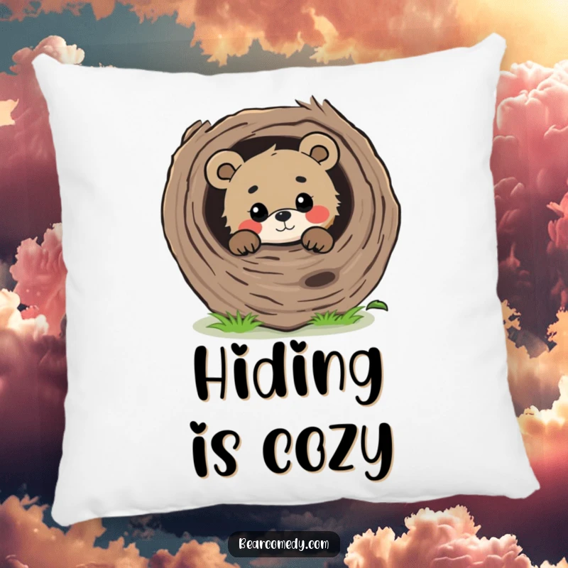 Funny curious bear peeking from behind a large, fallen log with a gentle gaze, a soft pillow for comfort.