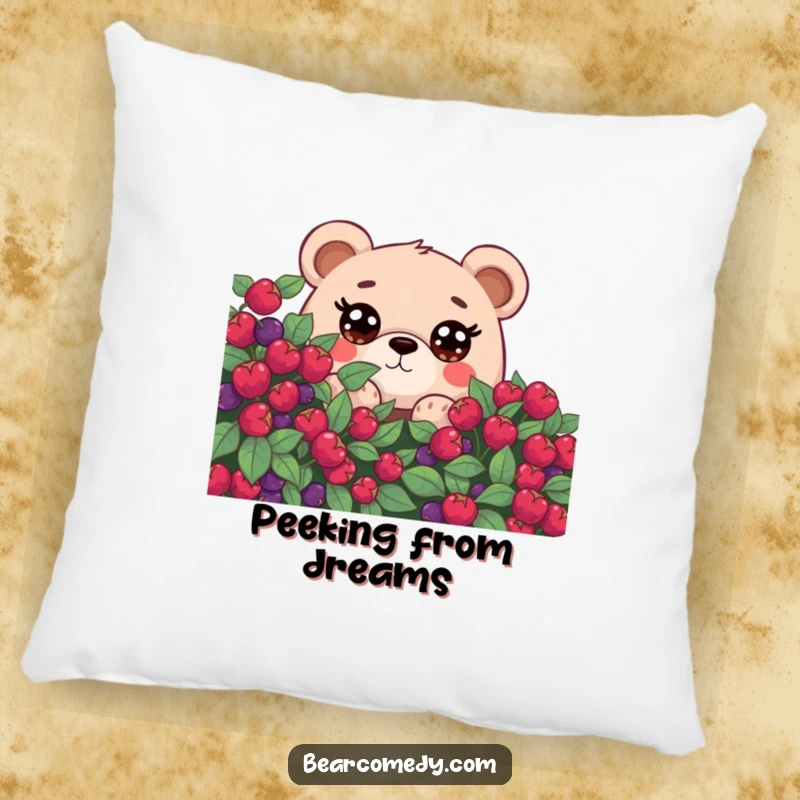 Funny pillow with a bear character having oversized, curious eyes, peeking from behind a berry bush, bringing warmth and charm.