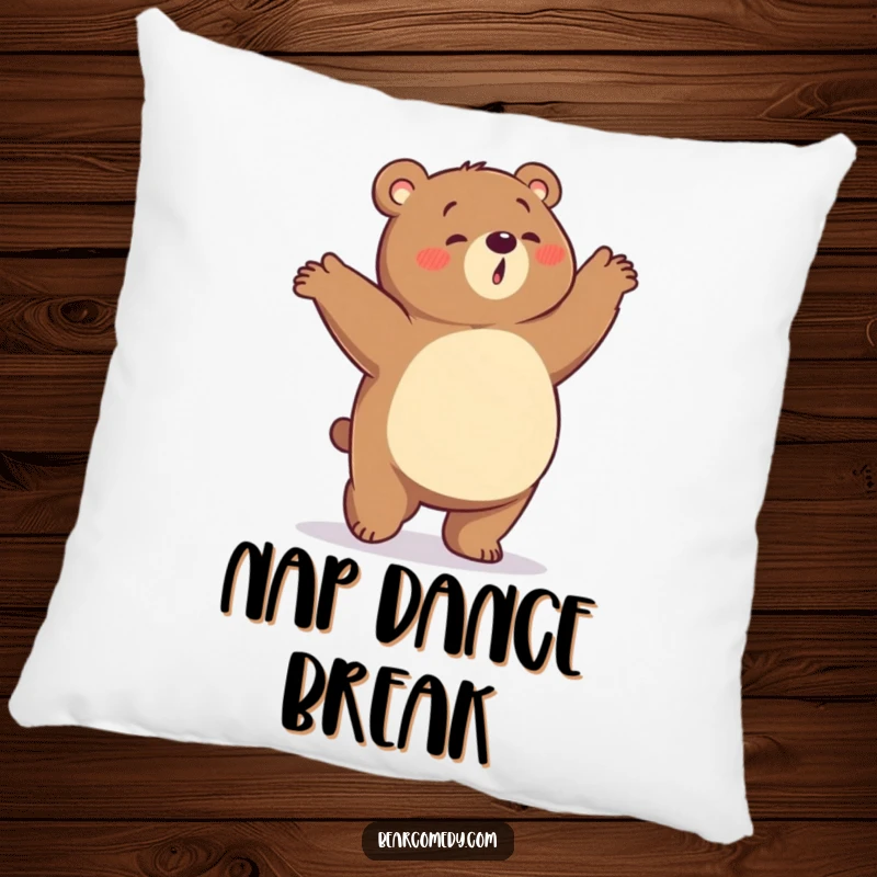 Funny pillow depicting a bear with a rumbling tummy doing a silly, energetic dance, bringing fun and comfort.