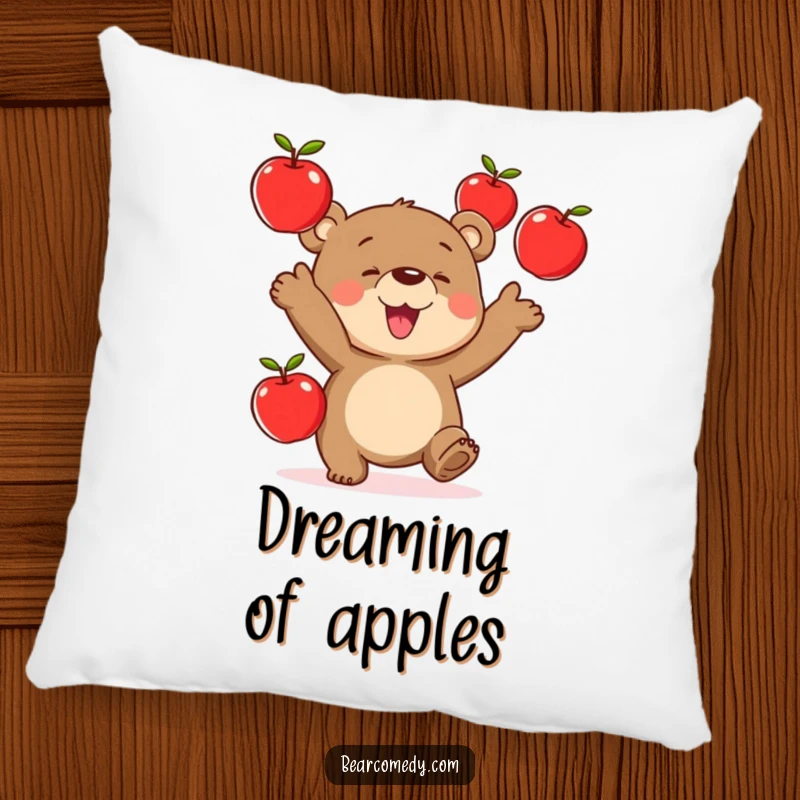 Funny pillow illustration of a bear character joyfully juggling three round, red apples, bringing a smile.