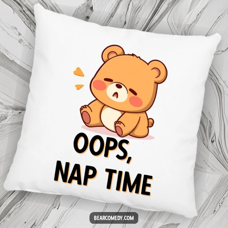 Funny pillow featuring a cartoon bear stumbling with a surprised 'Oops!' expression, offering soft comfort and humorous appeal for relaxation.