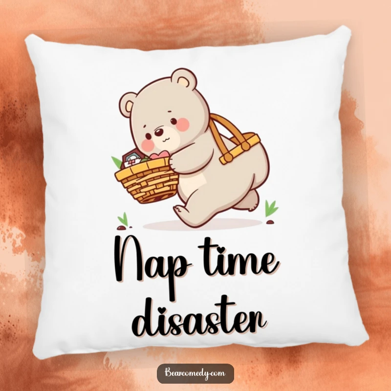 Funny pillow featuring a playful bear character comically tripping while carrying an oversized picnic basket, a moment of sweet chaos.