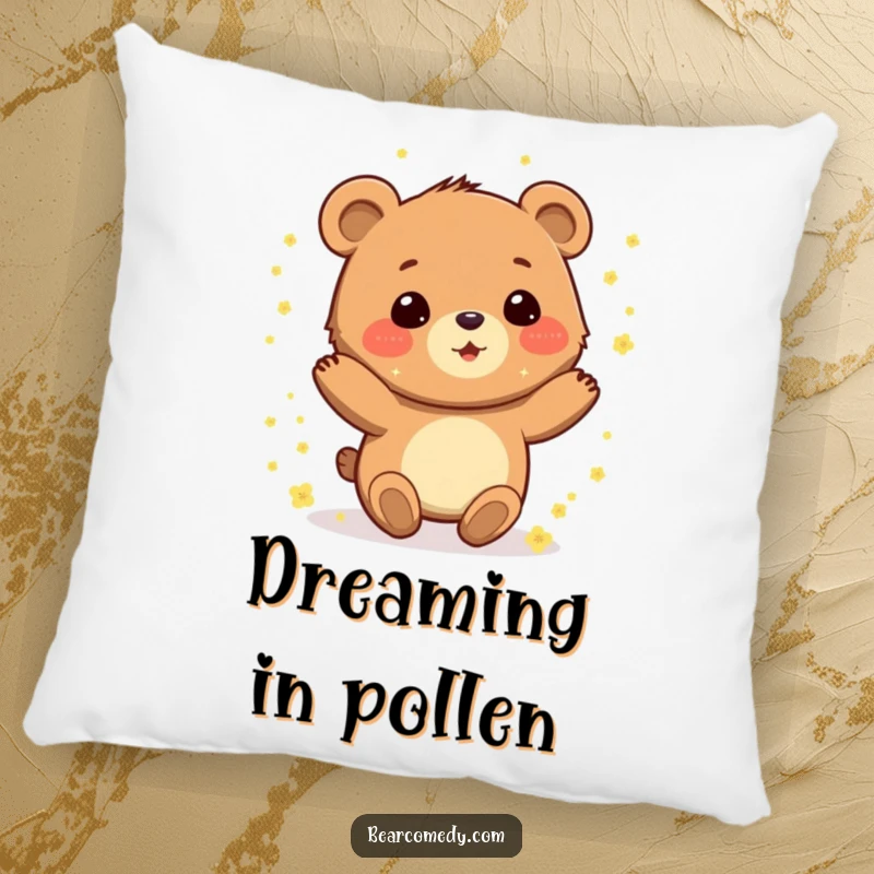 Funny pillow featuring a gleeful bear character spinning with delight, covered in whimsical sparkling pollen.