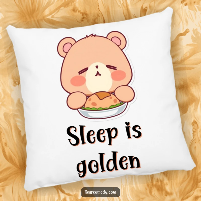 Funny pillow with a sleepy bear, eyes content, adorably yawning after a big meal, offering cozy comfort.