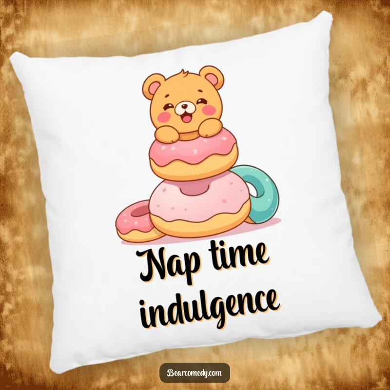 Funny pillow featuring a delighted bear characterebalancing a stack of colorful, giant donuts, adding comfort and a sweet touch to any room.