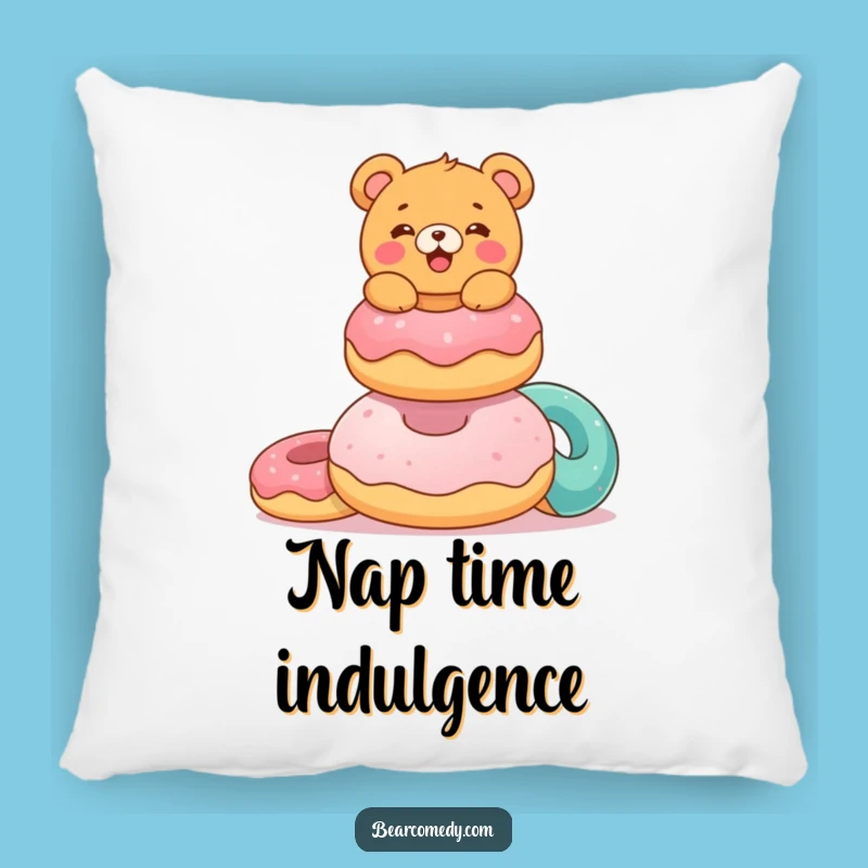 Funny Donut Bear Pillow: Delighted Bear, Giant Donuts, Cozy Gift