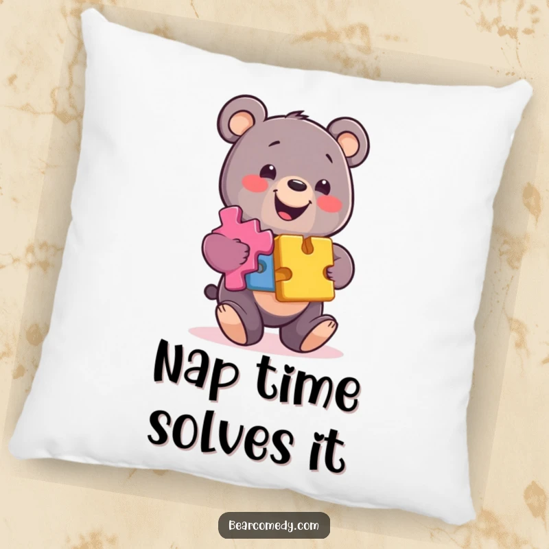 Funny bear pillow featuring a smiling bear balancing colorful puzzle pieces, offering comfort and a touch of intellectual charm.