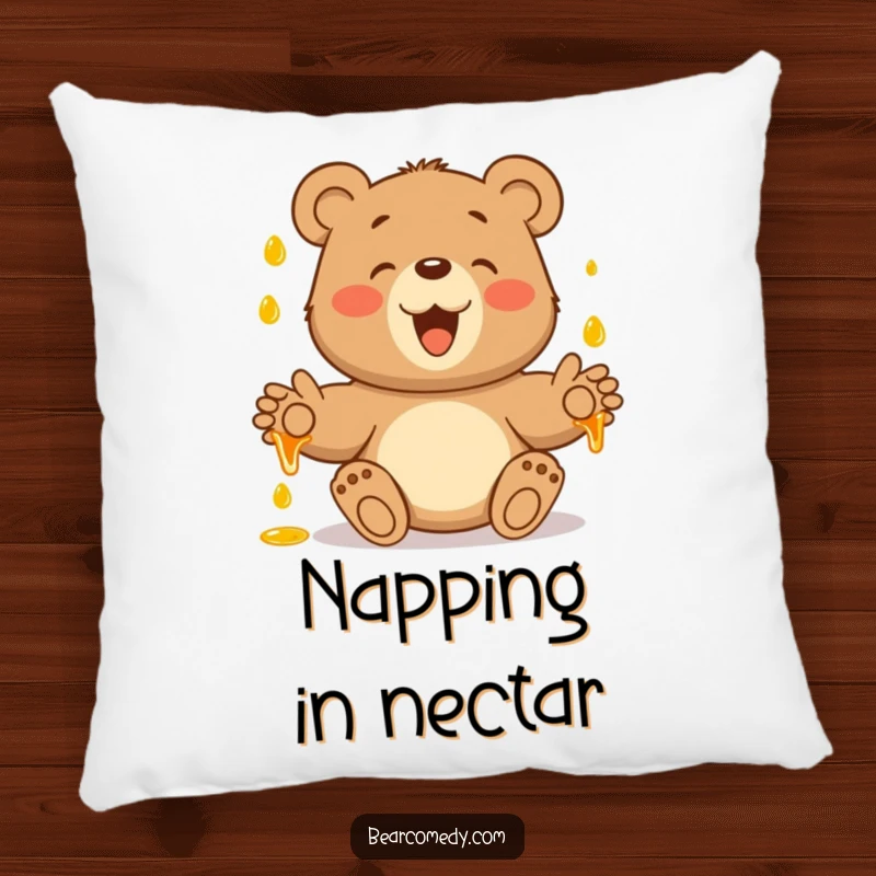 Funny pillow with a bear's paws outstretched, happily catching falling honey, offering sweet comfort and funny vibes.