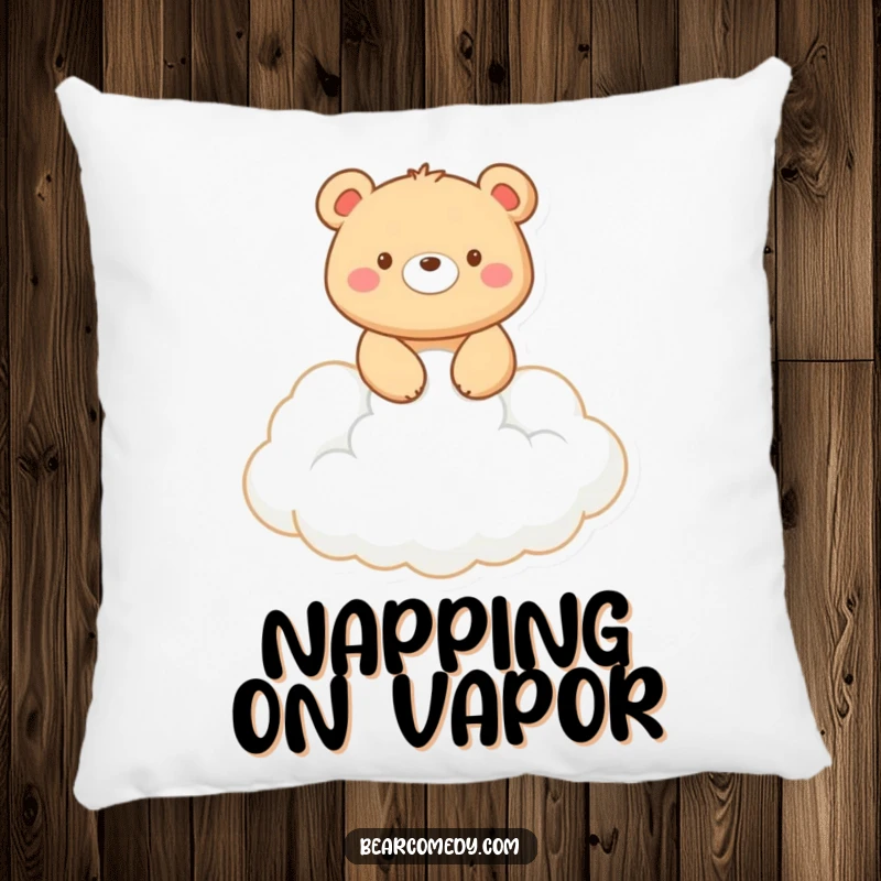 Funny pillow design: A smiling bear rides on a fluffy white cloud, bringing comfort and a whimsical touch.