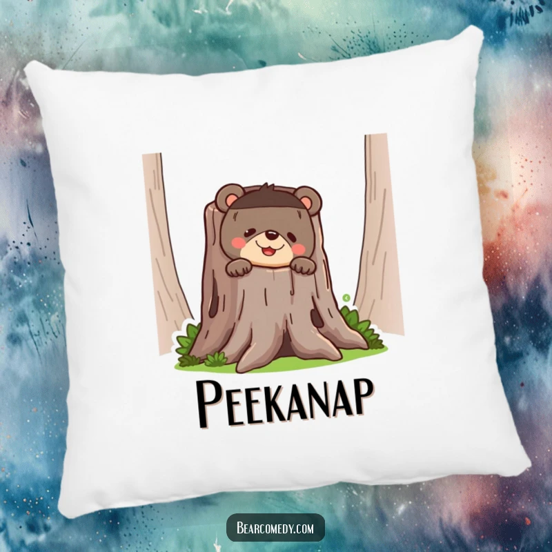 Funny bear pillow featuring a bear peeking out from a tree stump with a wide, funny grin, soft and comforting.