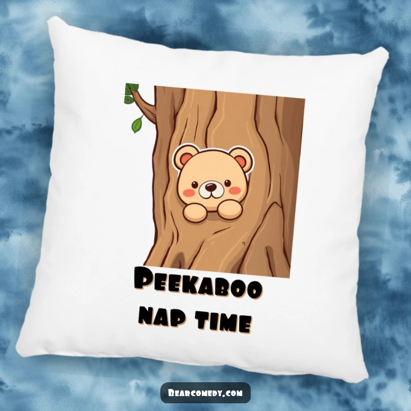 Funny pillow featuring a curious bear peeking from behind a tree, offering soft, humorous comfort and a touch of playful mystery.