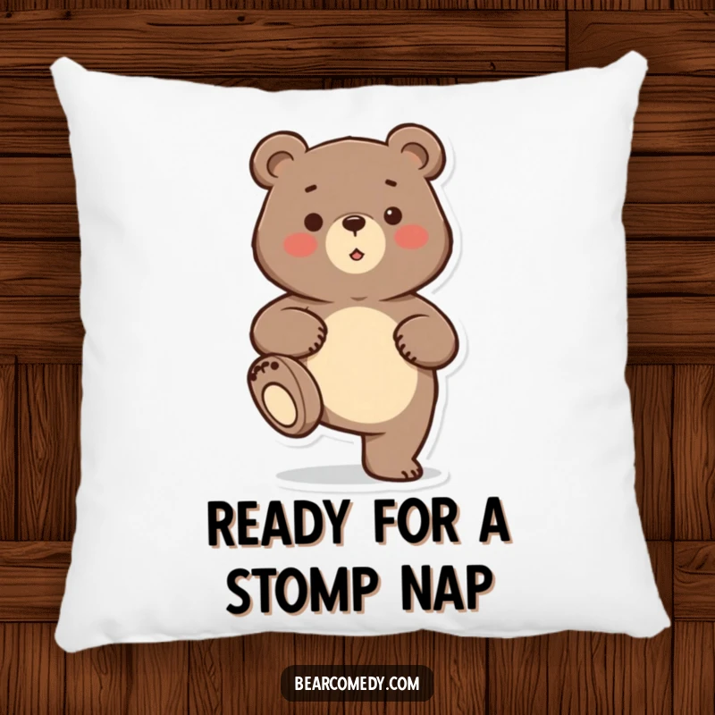 Soft funny bear character playfully stomping its foot on a plush pillow, offering comfort and humor.