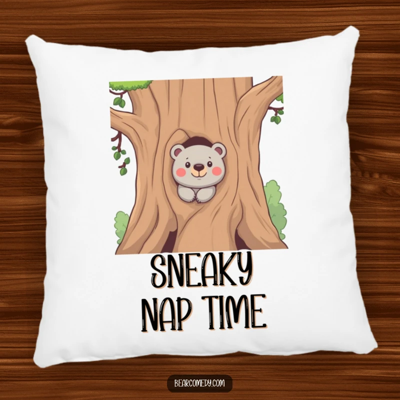 Funny pillow featuring a bear peeking from behind a tree with a mischievous look, offering soft comfort and playful, humorous appeal.