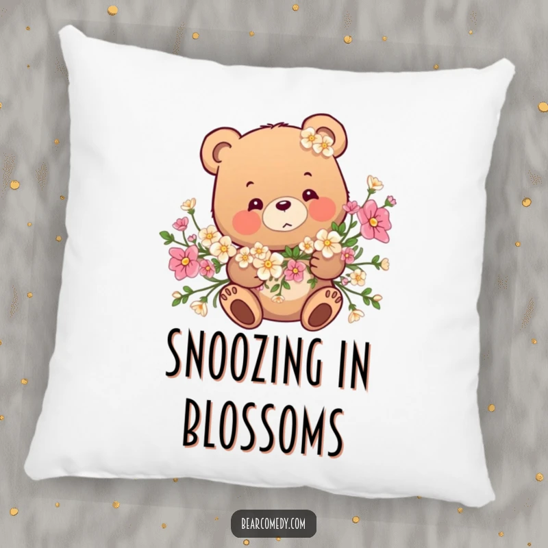 Funny pillow design: A bear is playfully tangled in a lush flower garland, offering comfort and a comical visual.