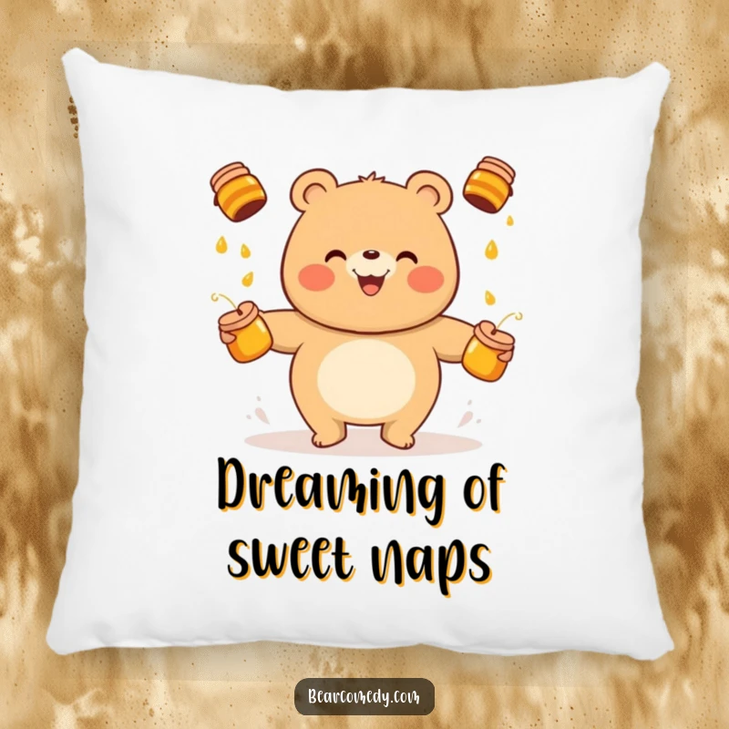 Funny bear pillow featuring a smiling character juggling honey pots, offering comfort and a humorous visual element for relaxation.