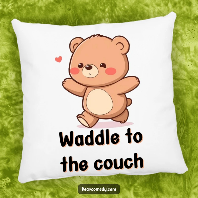 Soft funny bear character with a delighted waddle ambling along on a pillow, for cozy happiness.