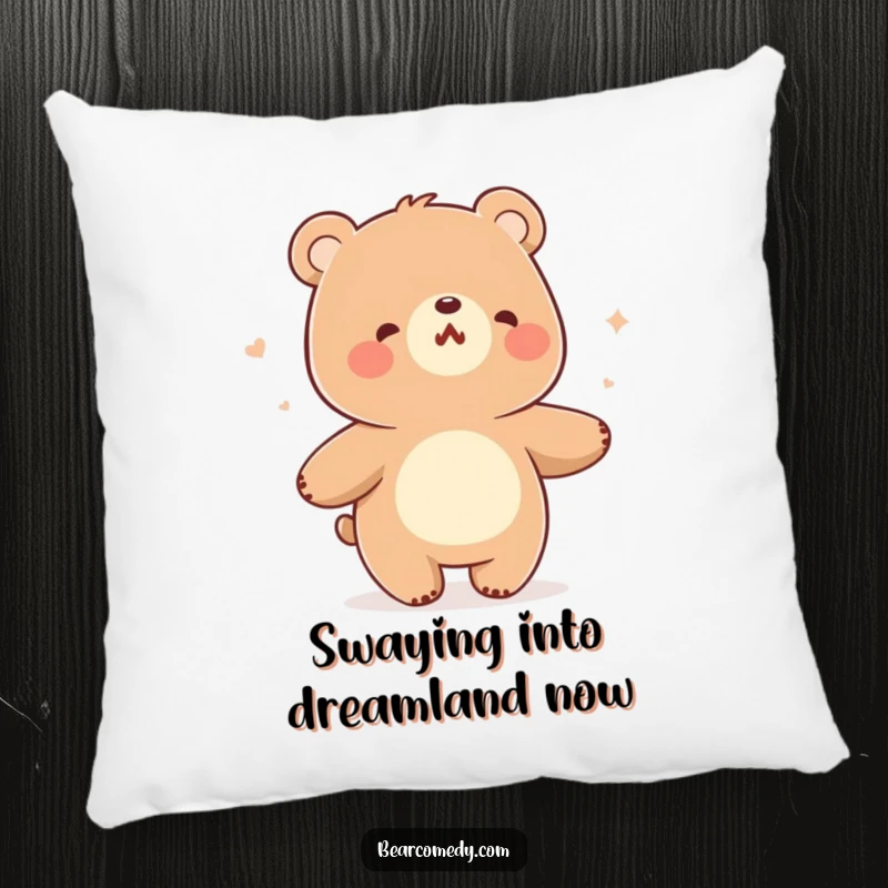 Funny pillow with a bear character humming and swaying joyfully while dancing in a gentle breeze.
