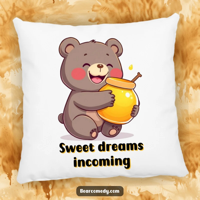 Funny pillow illustration of a happy bear character hugging a large, radiant honey pot, offering cuddly comfort.