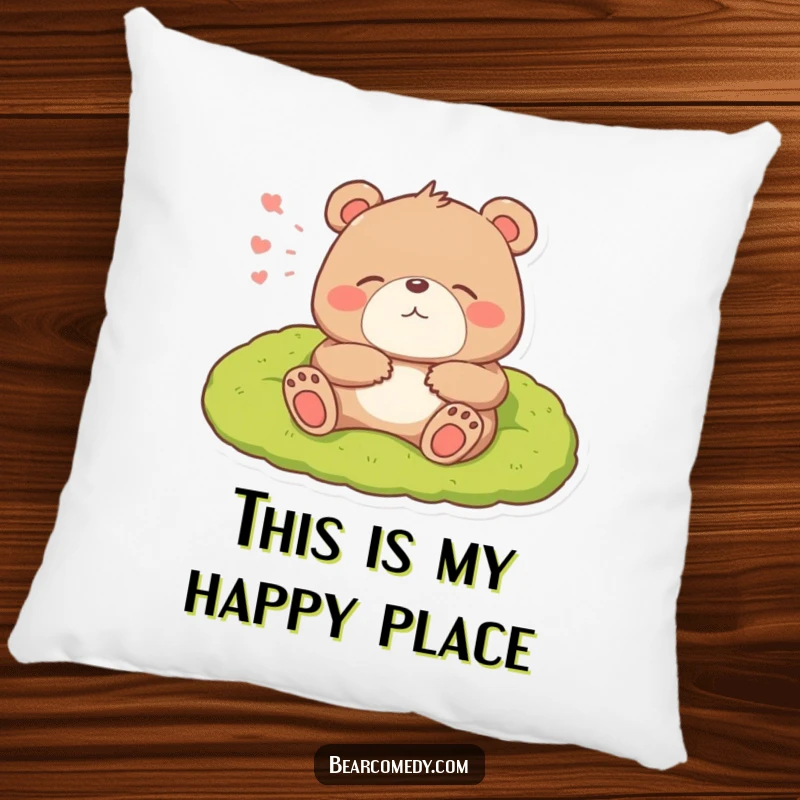 Funny pillow featuring a bear character lounging on a mossy bed, emitting a large, happy sigh.