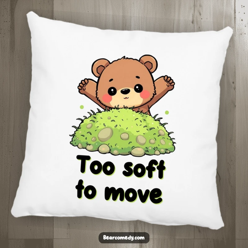 Funny pillow depicting a bear with a determined look jumping into a soft pile of moss, adding comfort and inspiration.