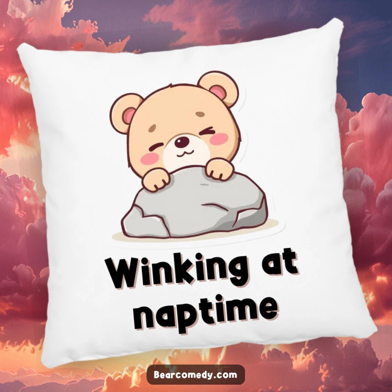 Soft funny bear character with a mischievous wink peeking from behind a rock on a pillow, for cozy mischief.