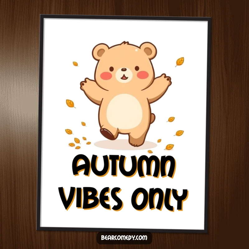 Funny digital art of a bear character doing a happy lumbering dance, surrounded by small, colorful autumn leaves.