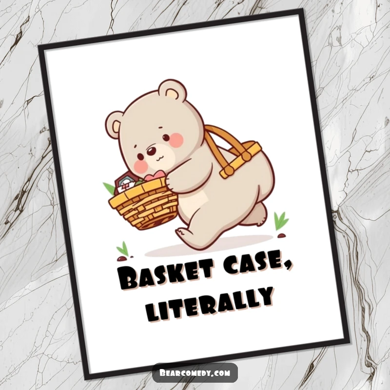 Funny digital art print of a playful bear character comically tripping while carrying an oversized picnic basket, full of humor.