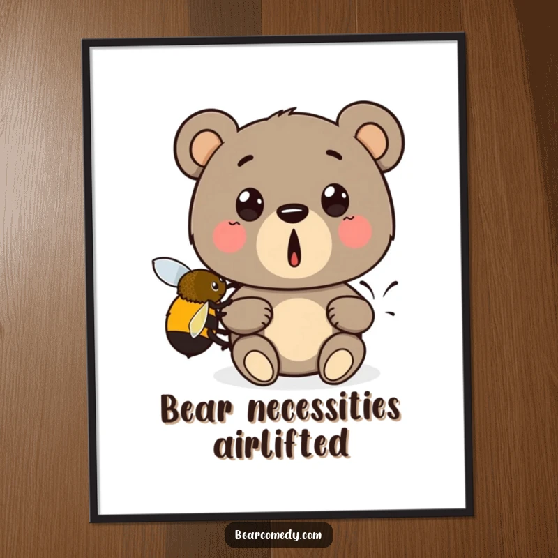 Funny digital art: A cartoon bear with a shocked expression is lifted by a tiny bumblebee, perfect for humorous wall decor.