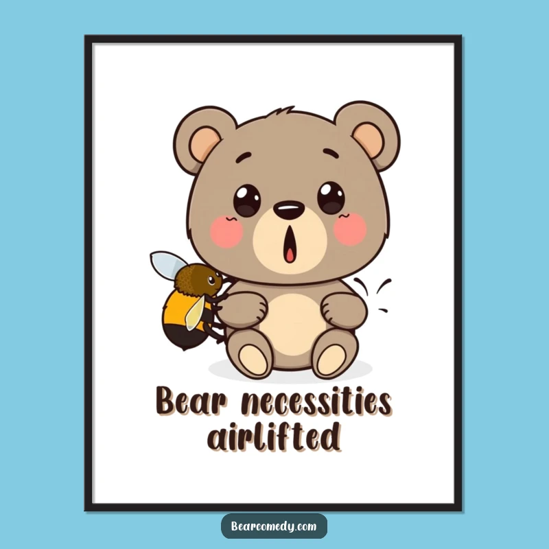 Funny Bear Bee Boost Digital Print: Surprised Bear Lifted by Bee, Instant Funny Art Gift!
