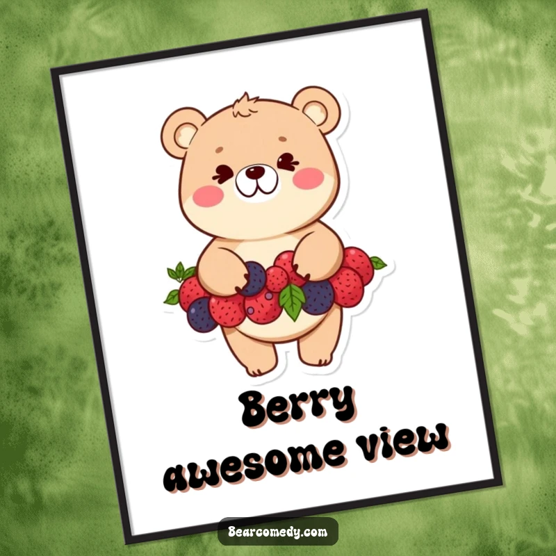 Funny bear digital art print of a mischievous character balancing a tall stack of berries with a wide, cheerful grin.