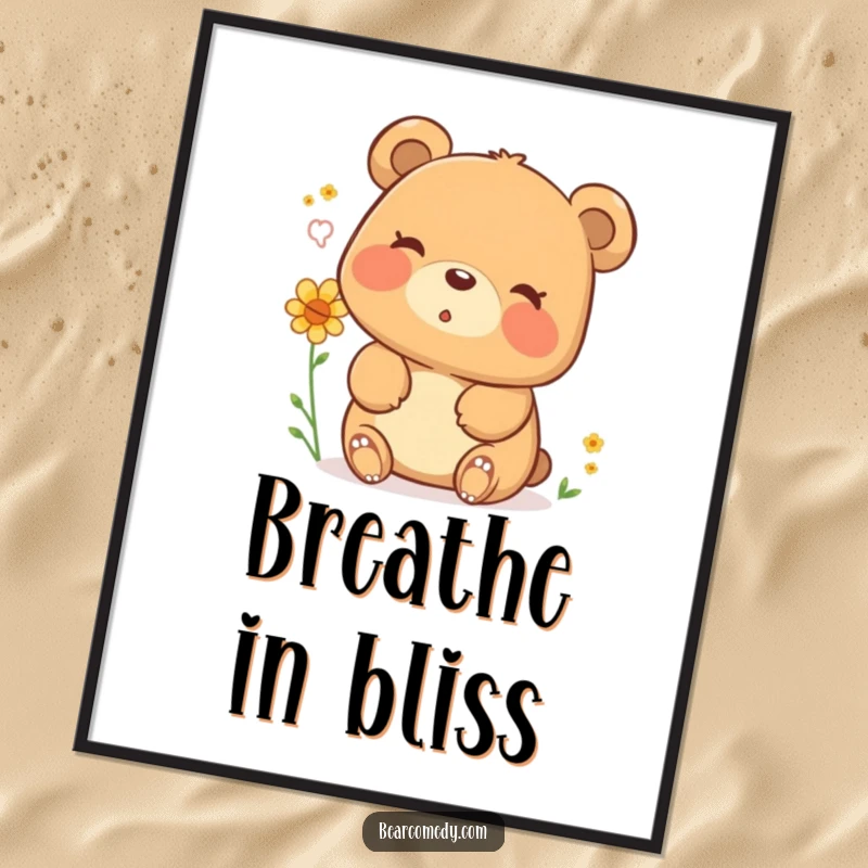 Funny digital art print of a happy bear character exhaling a gentle puff of pollen with a contented sigh, bringing humorous nature vibes.