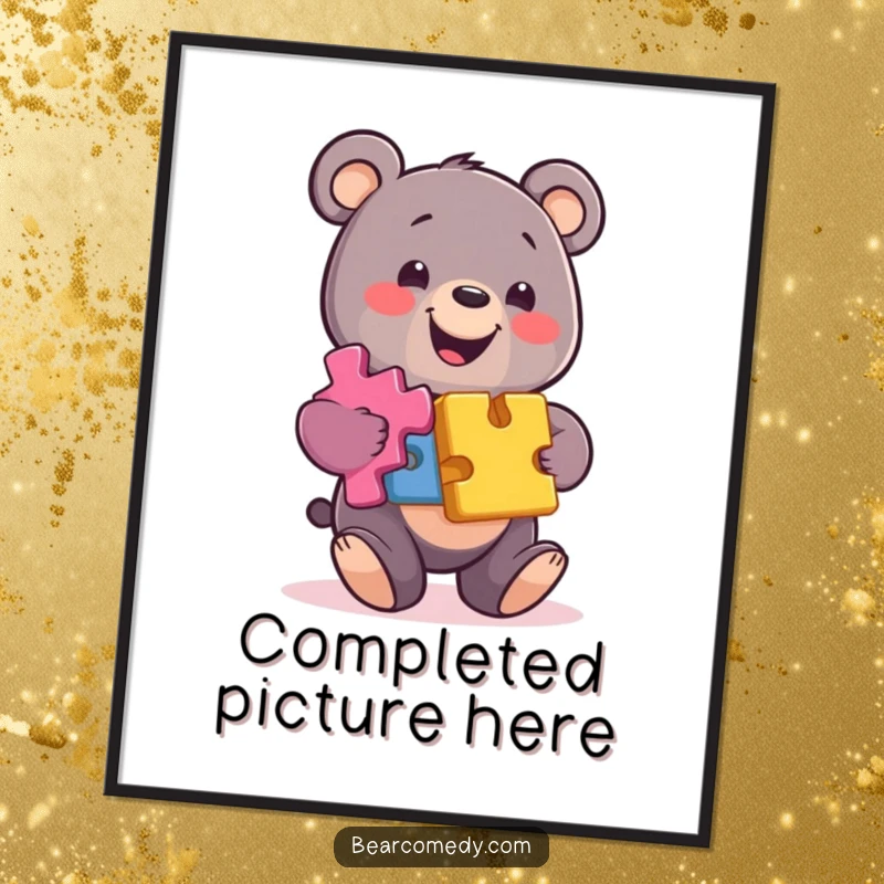 Funny bear digital art print of a smiling character balancing colorful puzzle pieces, a witty and visually engaging piece.