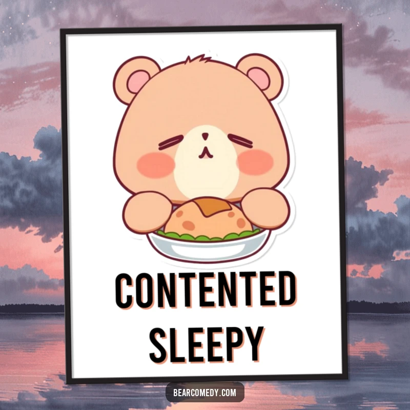 Funny digital art print of a sleepy bear with happy eyes, adorably yawning after a big meal, embodying pure contentment.