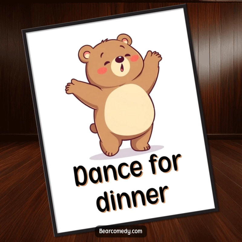 Funny digital art print of a bear character with a rumbling tummy doing a silly, energetic dance, full of food-fueled joy.