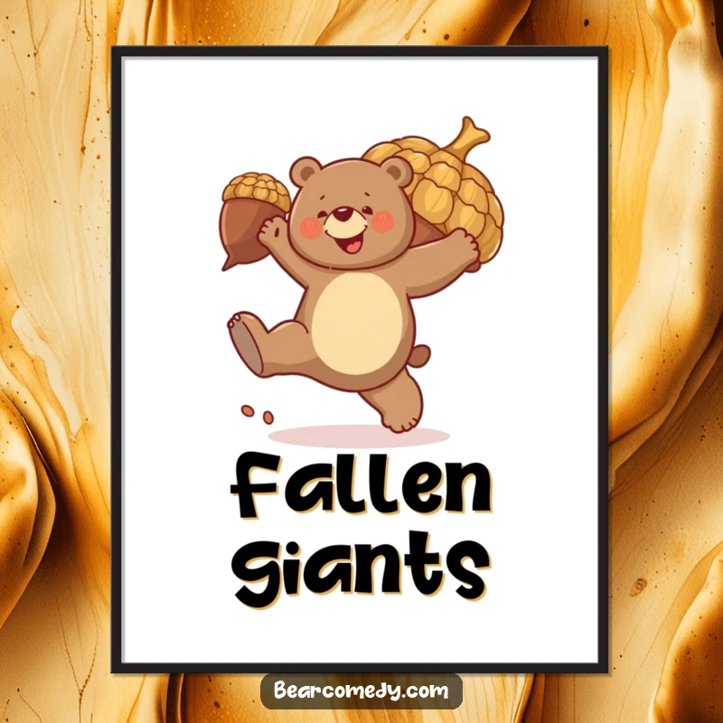 Funny digital art: A bear with an expression of pure joy kicks a large, bouncing acorn, creating a dynamic and humorous piece.